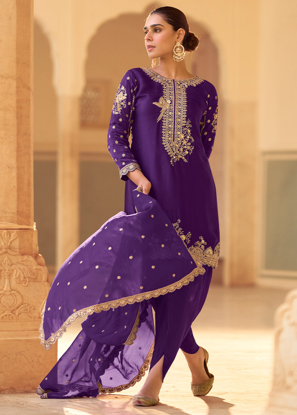 Indigo Purple Crepe Silk Indo-Western Dhoti Set with Organza Dupatta