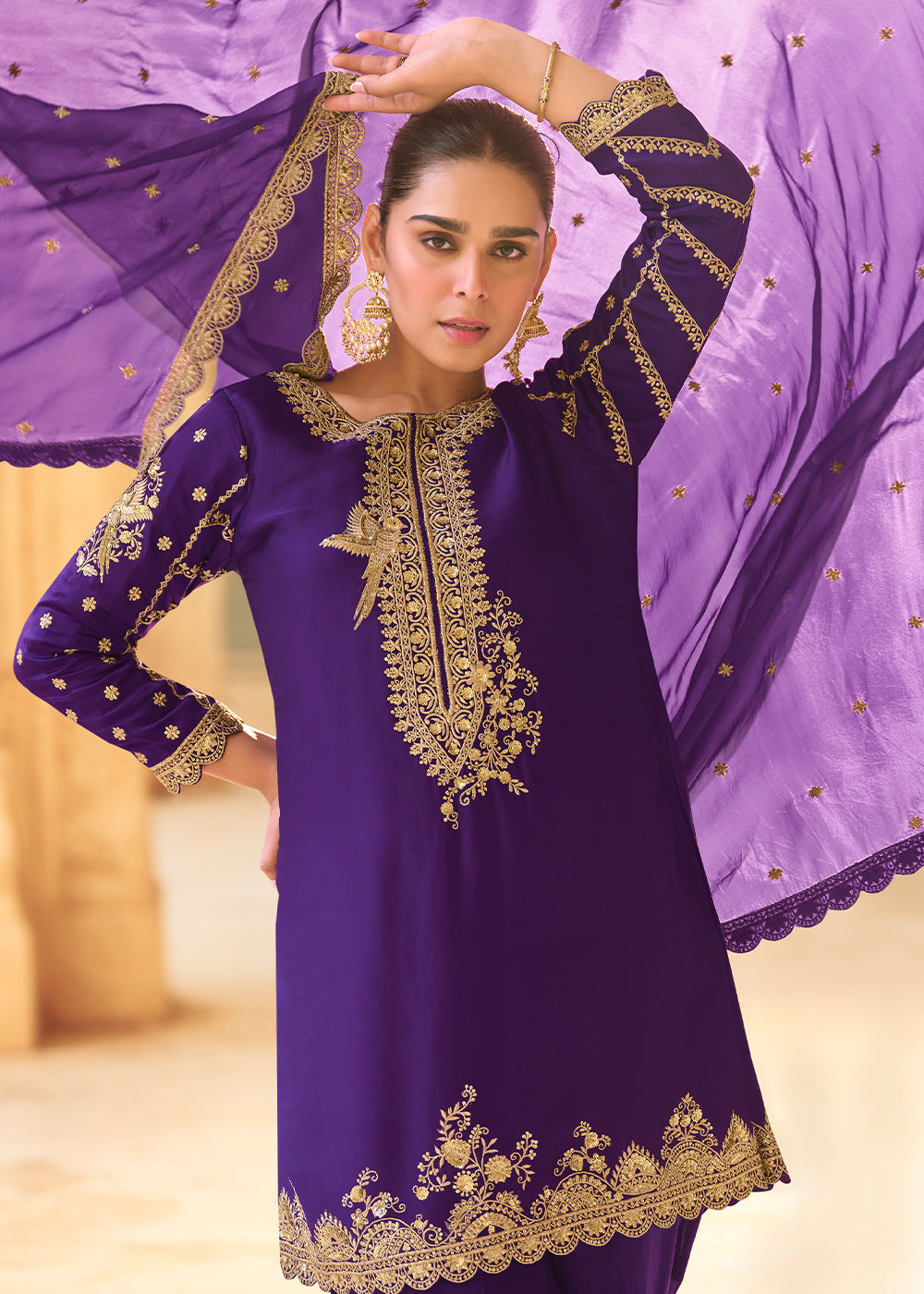 Indigo Purple Crepe Silk Indo-Western Dhoti Set with Organza Dupatta