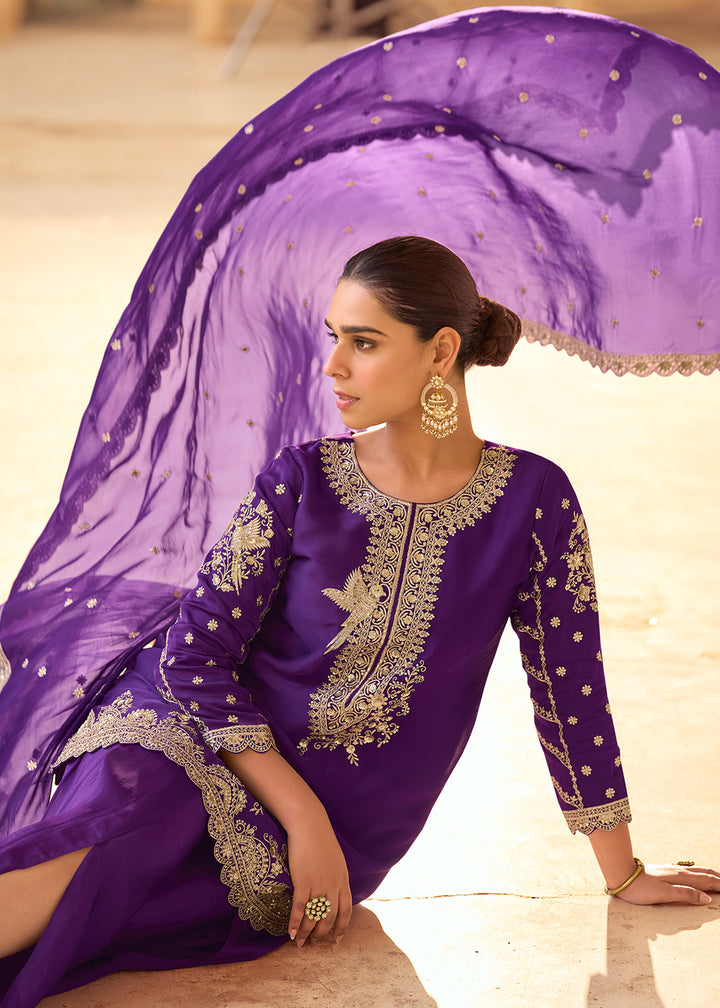 Indigo Purple Crepe Silk Indo-Western Dhoti Set with Organza Dupatta