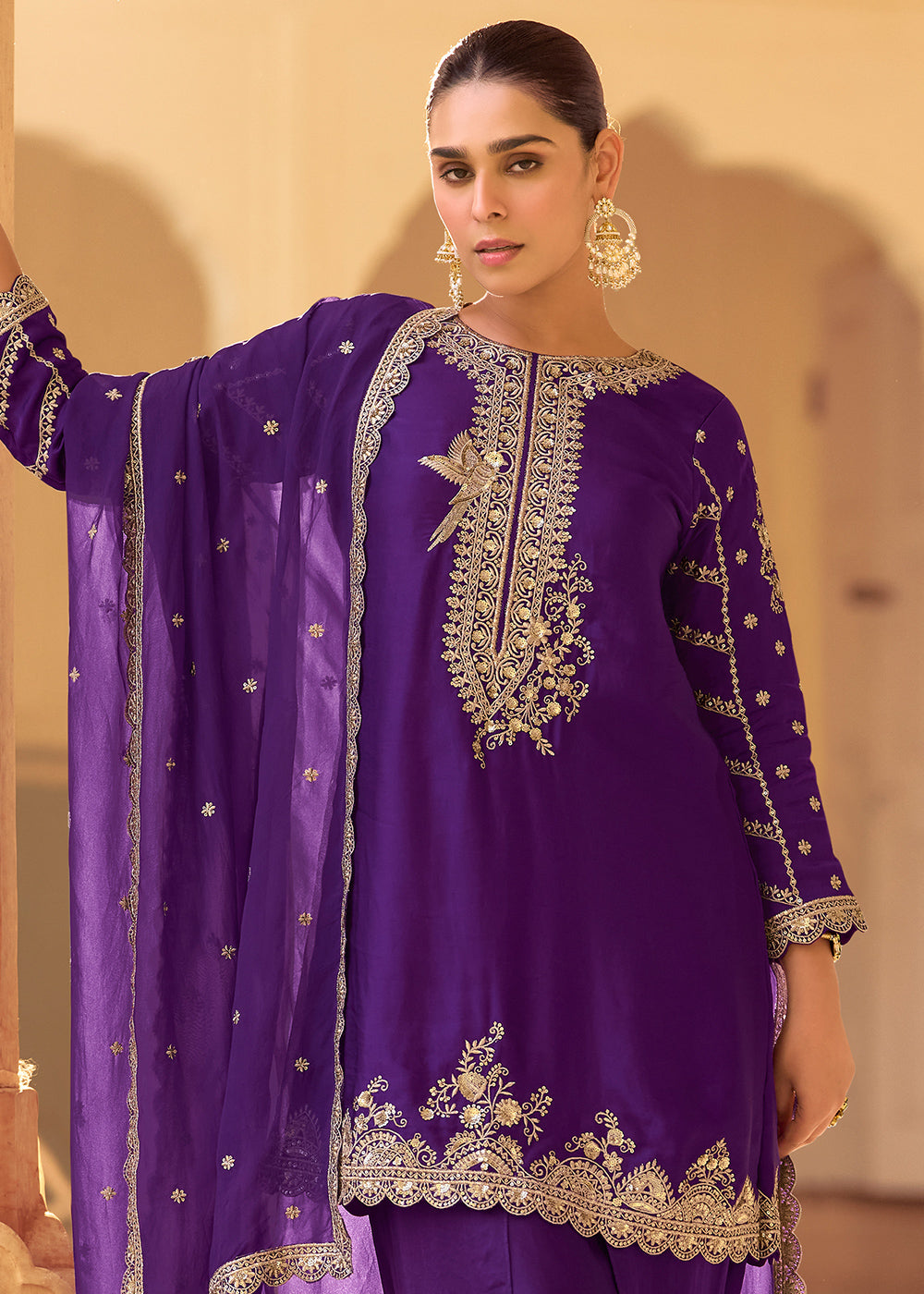 Indigo Purple Crepe Silk Indo-Western Dhoti Set with Organza Dupatta