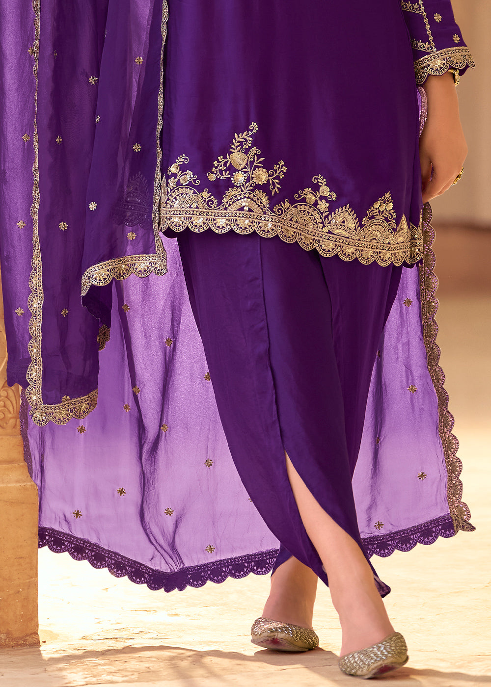 Indigo Purple Crepe Silk Indo-Western Dhoti Set with Organza Dupatta