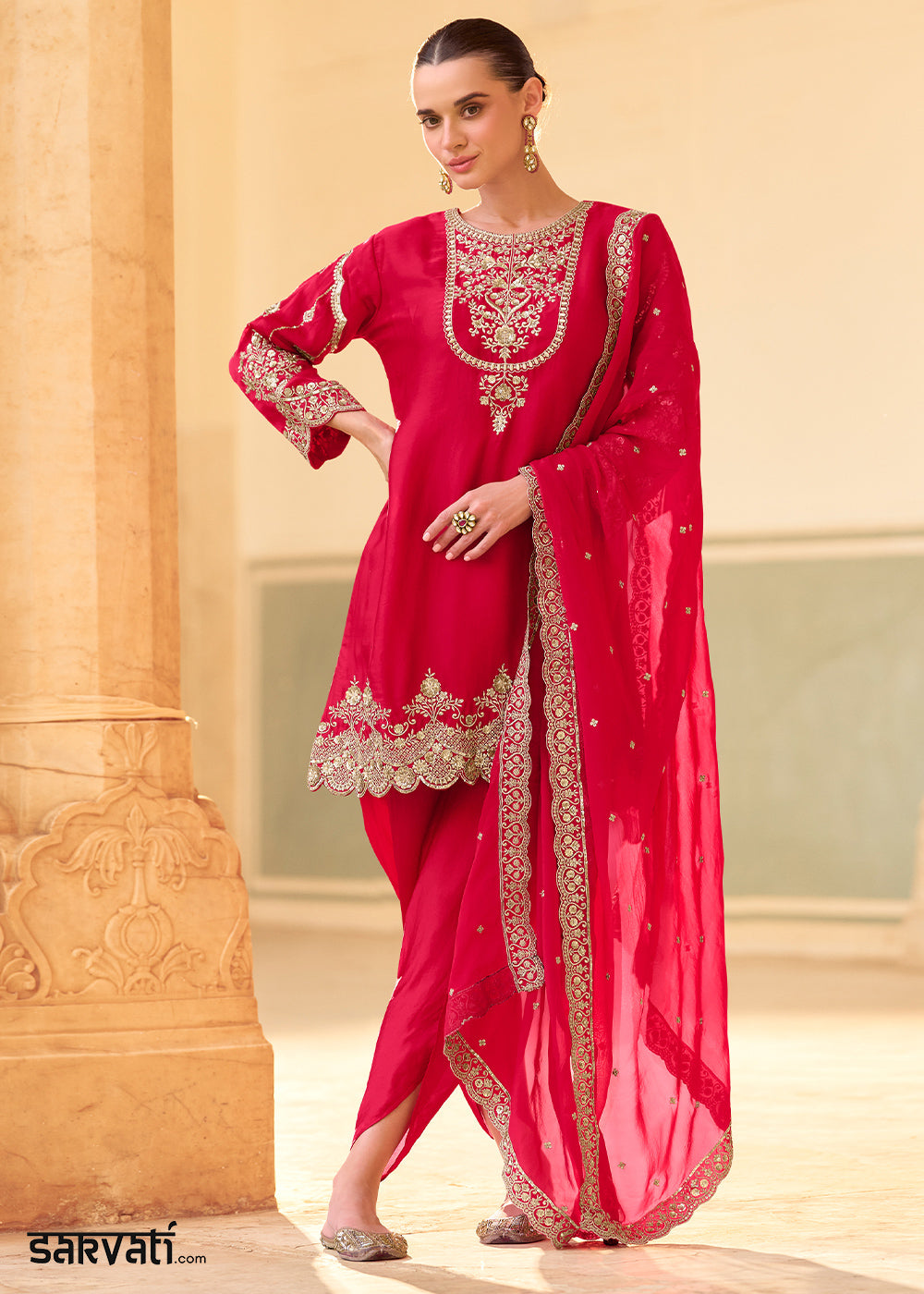 Red Crepe Silk Indo-Western Dhoti Set with Organza Dupatta