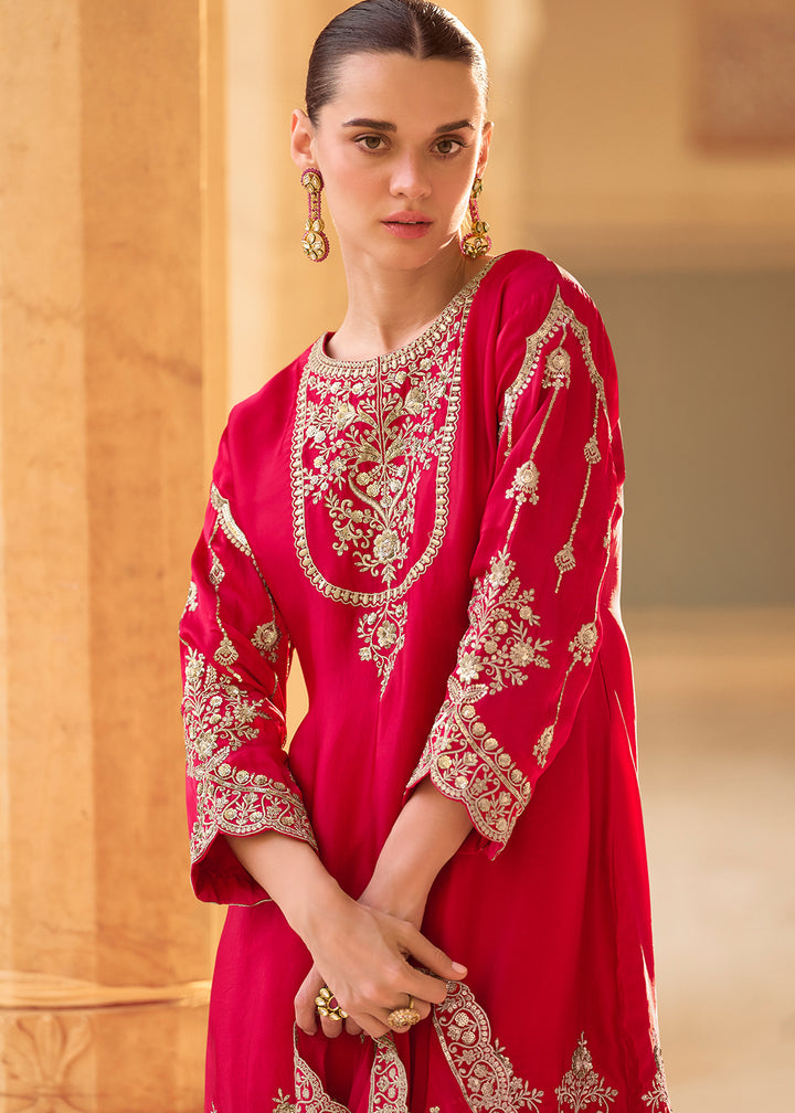 Red Crepe Silk Indo-Western Dhoti Set with Organza Dupatta