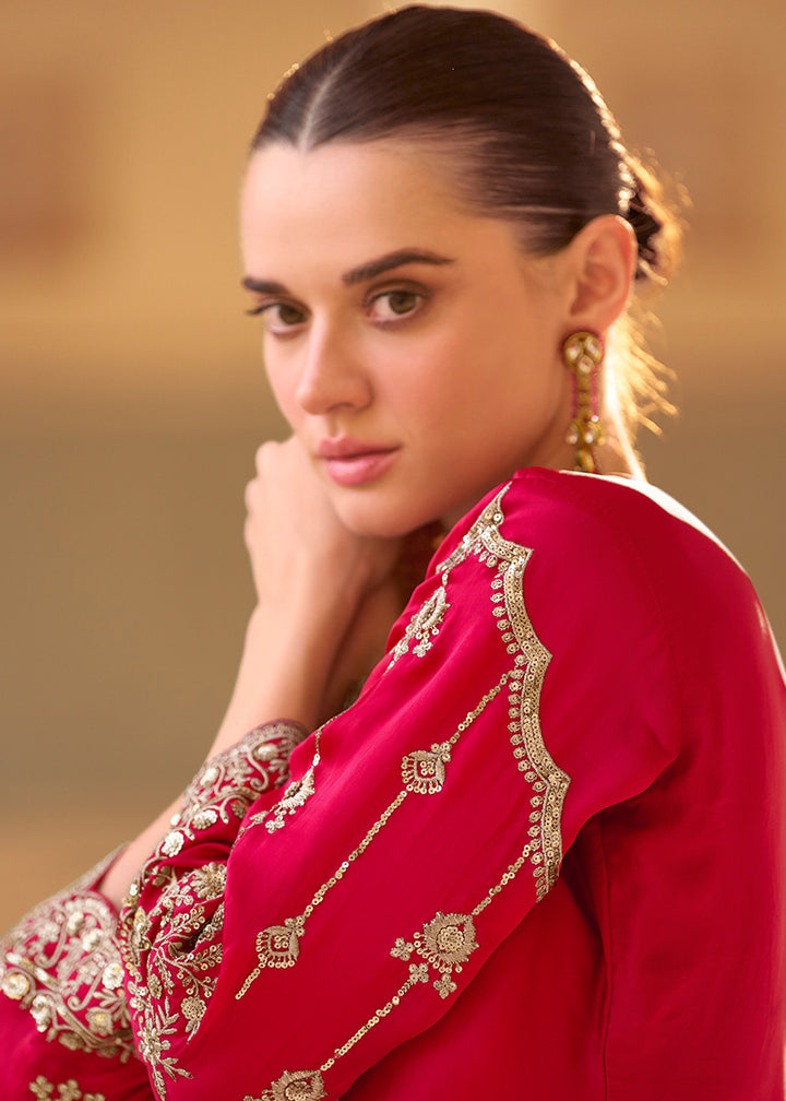 Red Crepe Silk Indo-Western Dhoti Set with Organza Dupatta