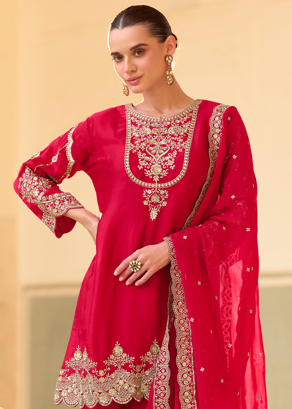 Red Crepe Silk Indo-Western Dhoti Set with Organza Dupatta