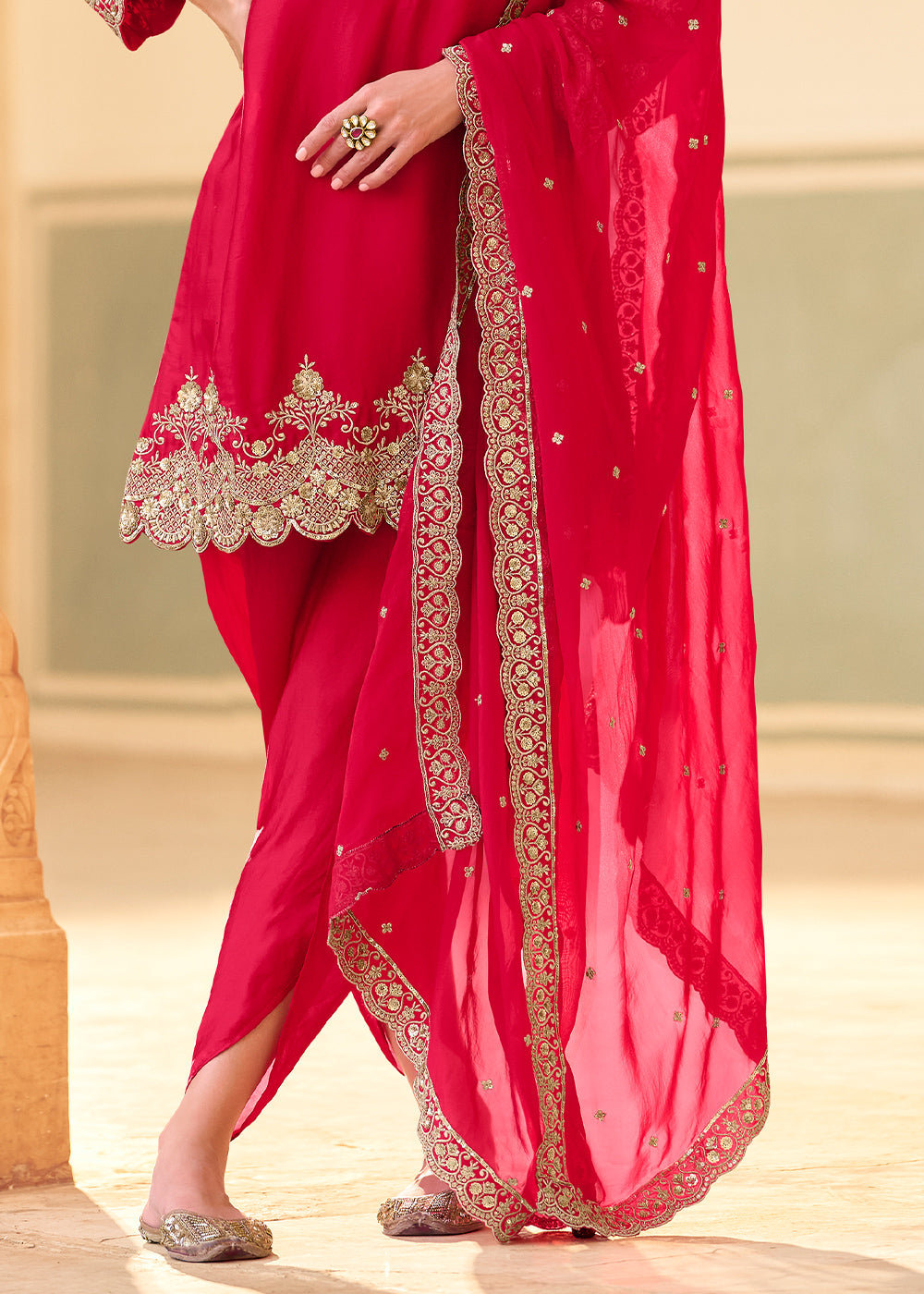 Red Crepe Silk Indo-Western Dhoti Set with Organza Dupatta