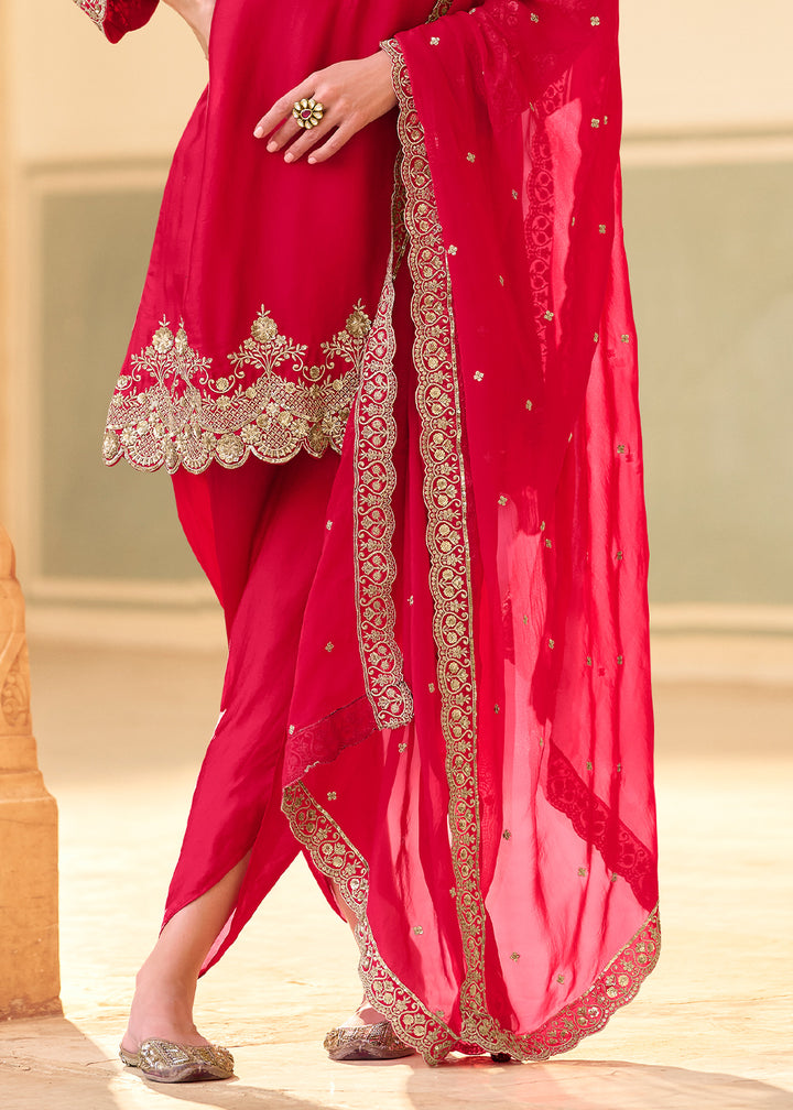 Red Crepe Silk Indo-Western Dhoti Set with Organza Dupatta