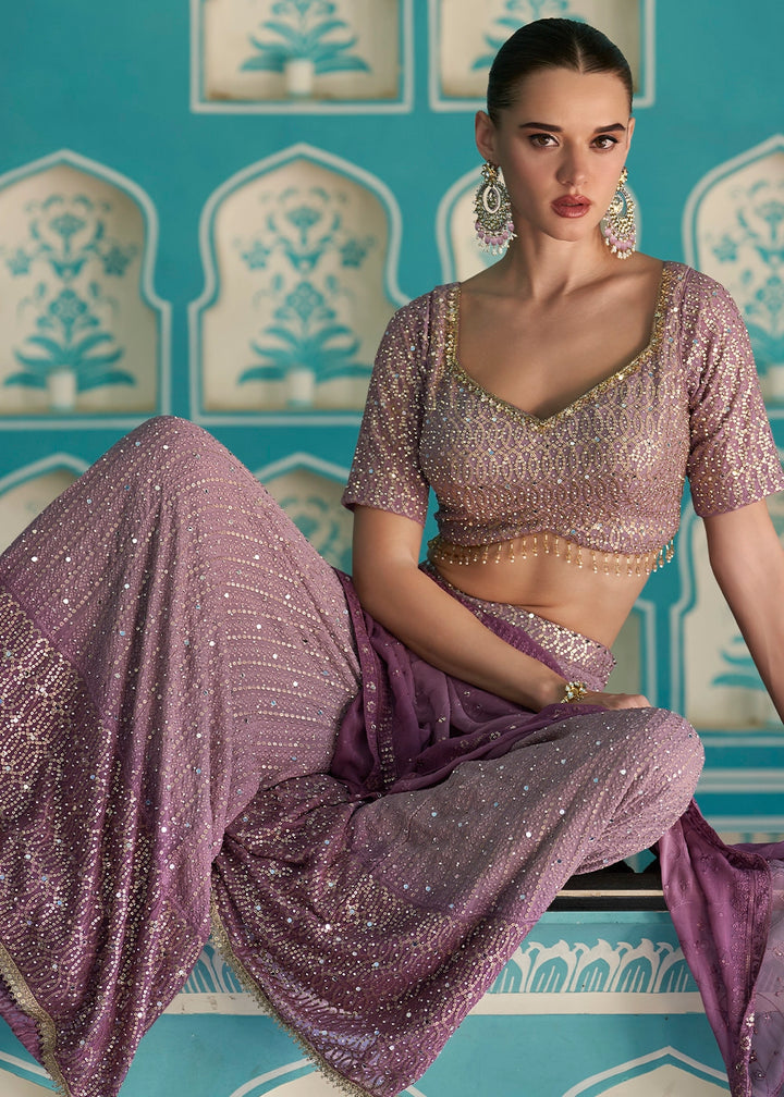 Shades Of Purple Georgette Palazzo Set with Swarovski, Zarkan & Mirror Detailing