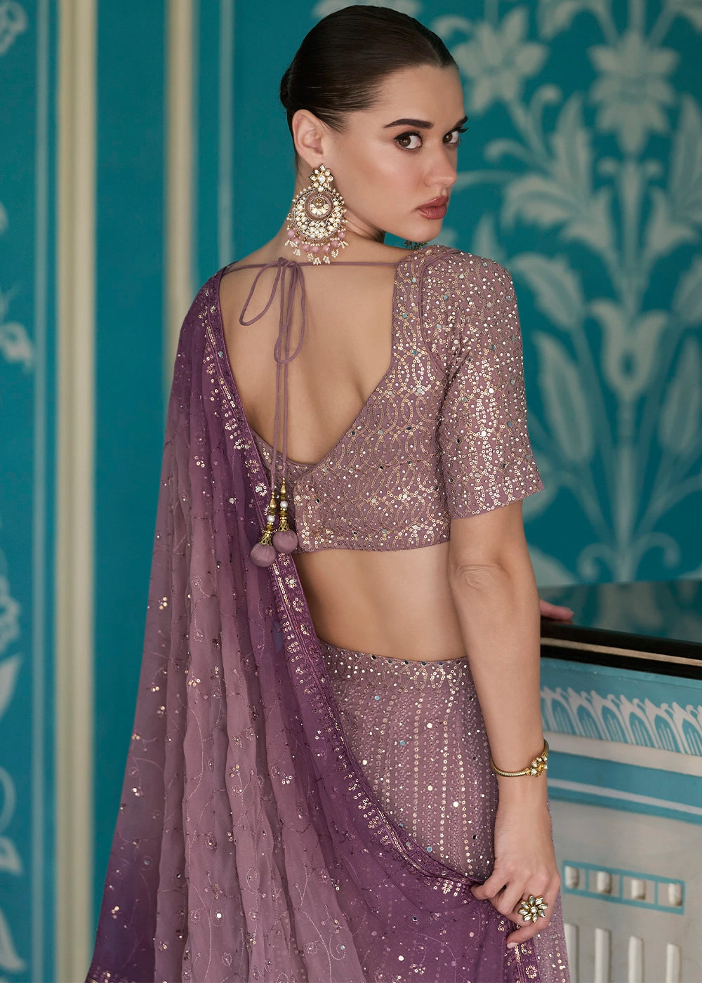 Shades Of Purple Georgette Palazzo Set with Swarovski, Zarkan & Mirror Detailing