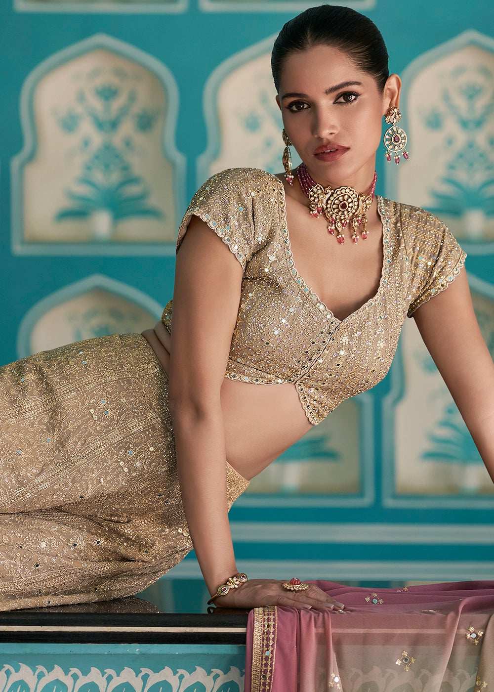 Shades Of Brown Georgette Palazzo Set with Swarovski, Zarkan & Mirror Detailing