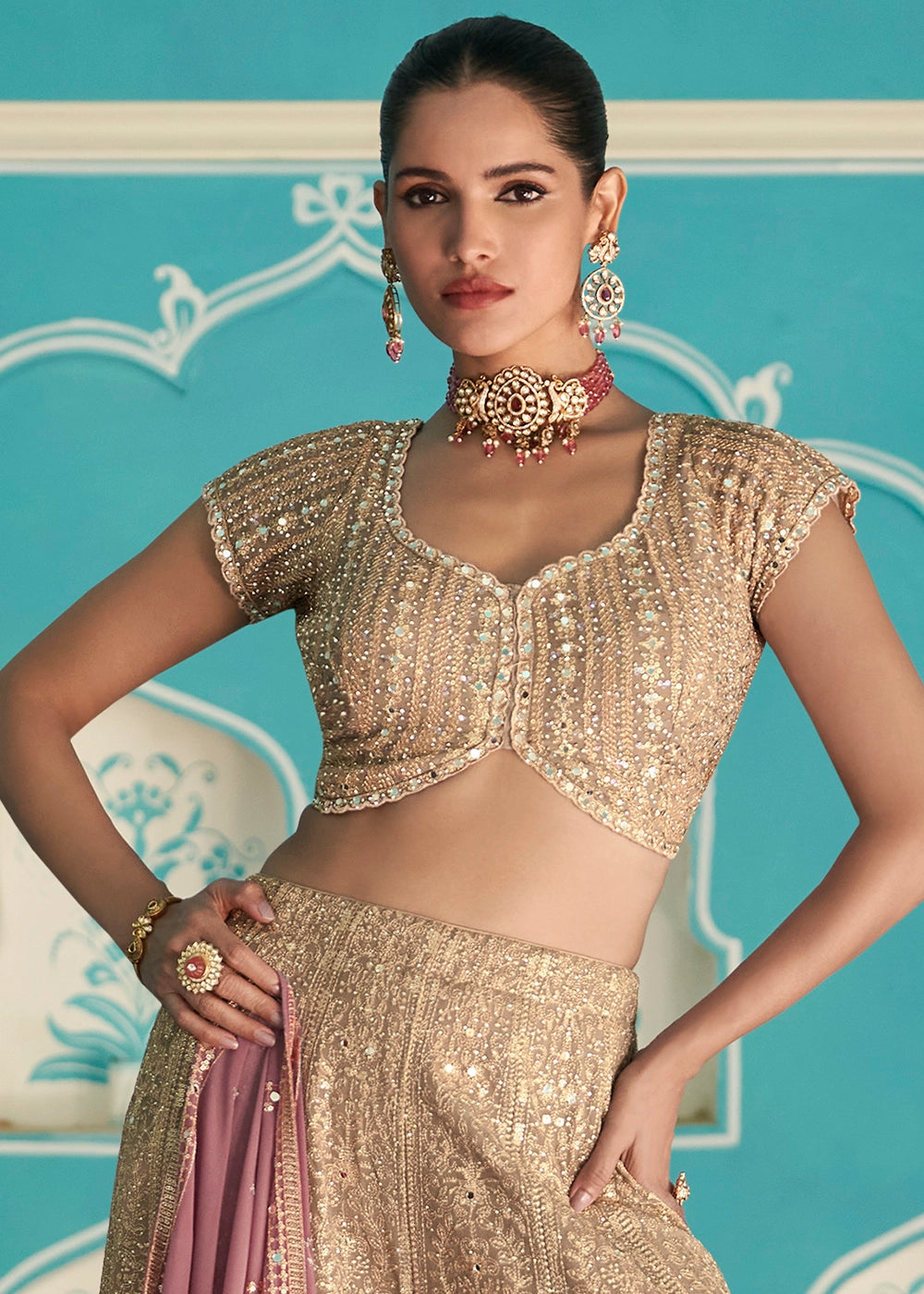 Shades Of Brown Georgette Palazzo Set with Swarovski, Zarkan & Mirror Detailing