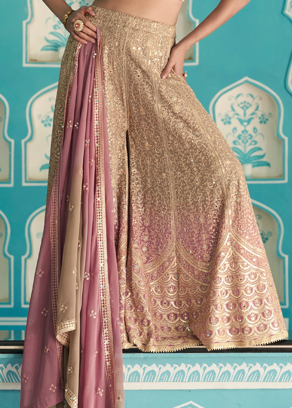 Shades Of Brown Georgette Palazzo Set with Swarovski, Zarkan & Mirror Detailing