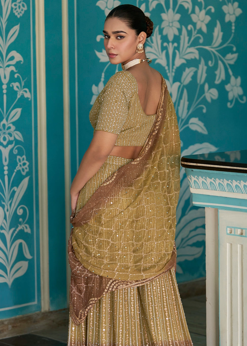 Green & Brown Georgette Palazzo Set with Swarovski, Zarkan & Mirror Detailing