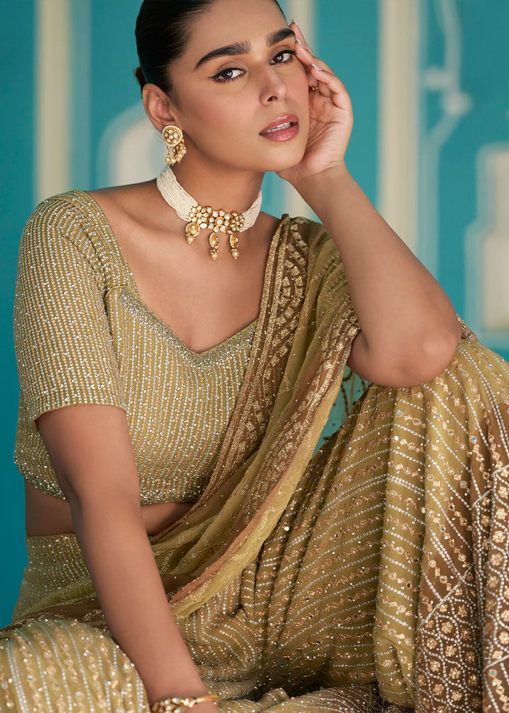 Green & Brown Georgette Palazzo Set with Swarovski, Zarkan & Mirror Detailing