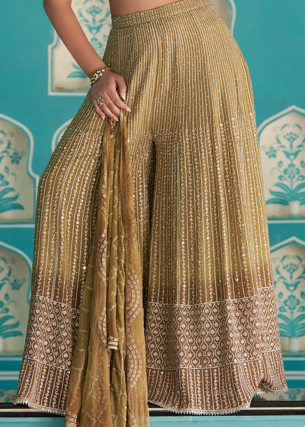 Green & Brown Georgette Palazzo Set with Swarovski, Zarkan & Mirror Detailing