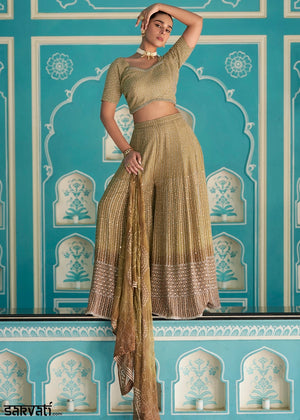 Green & Brown Georgette Palazzo Set with Swarovski, Zarkan & Mirror Detailing