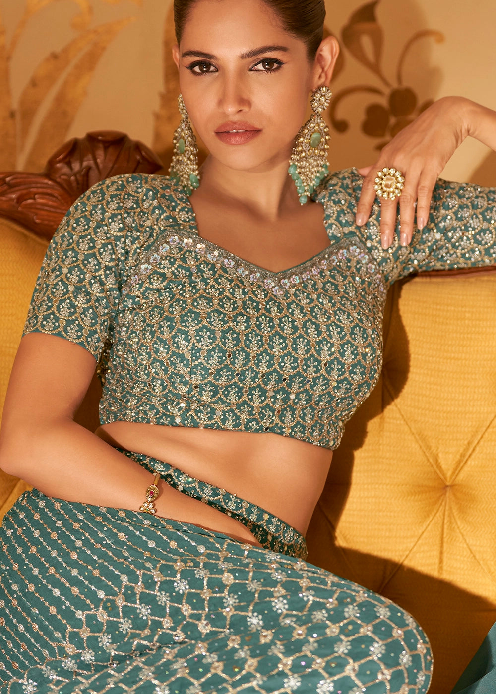 Shades Of Blue Georgette Palazzo Set with Swarovski, Zarkan & Mirror Detailing