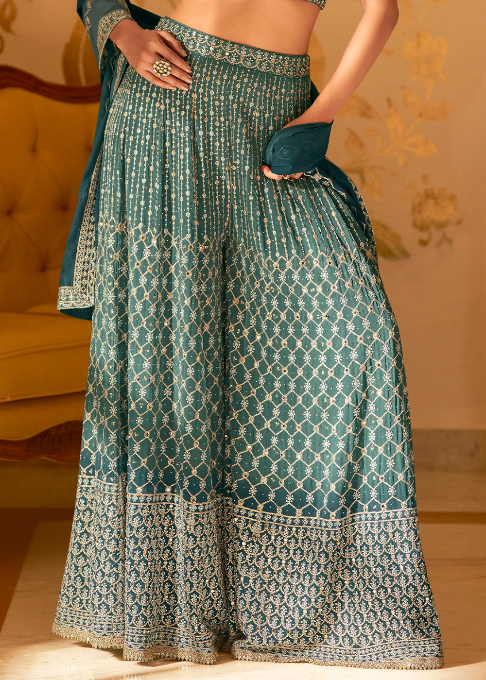 Shades Of Blue Georgette Palazzo Set with Swarovski, Zarkan & Mirror Detailing