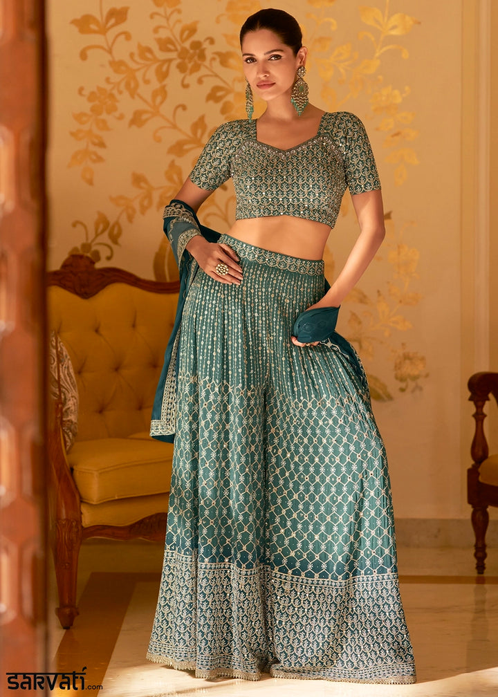 Shades Of Blue Georgette Palazzo Set with Swarovski, Zarkan & Mirror Detailing