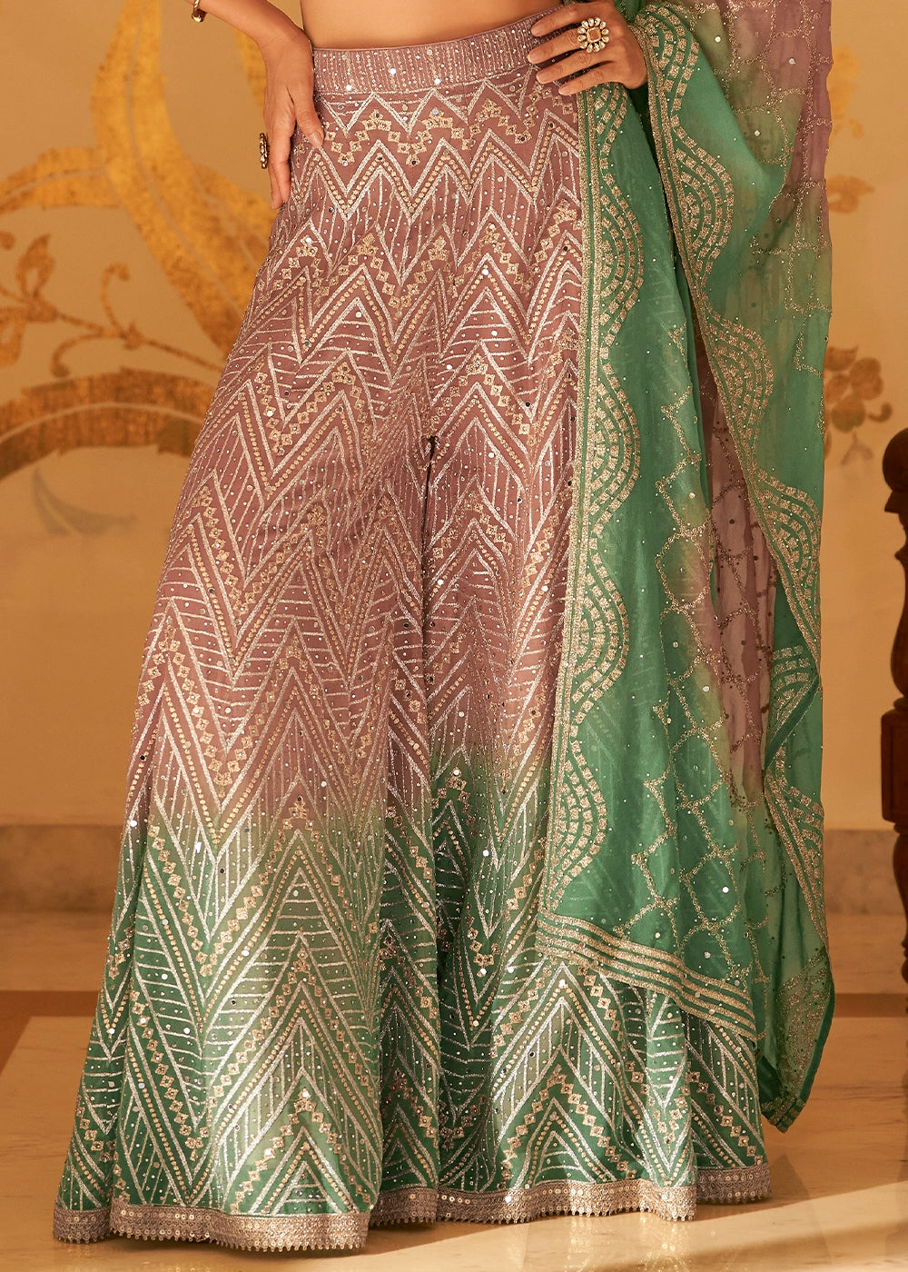 Purple & Green Georgette Palazzo Set with Swarovski, Zarkan & Mirror Detailing