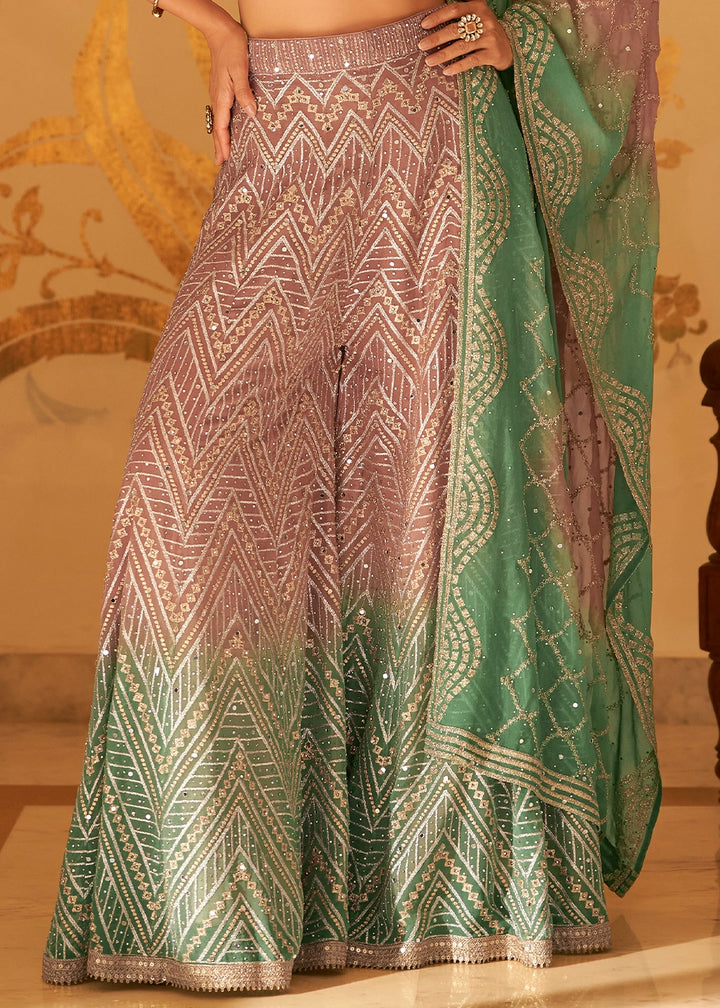 Purple & Green Georgette Palazzo Set with Swarovski, Zarkan & Mirror Detailing