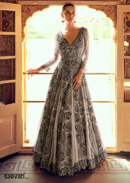 Grey & Black Georgette Anarkali Gown with Embroidery