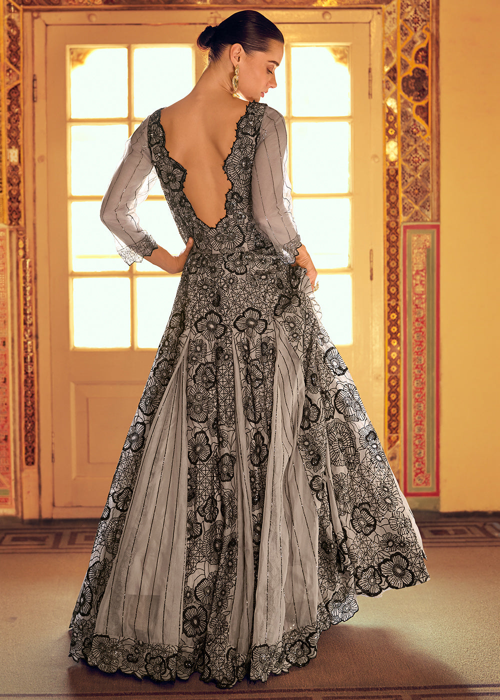 Grey & Black Georgette Anarkali Gown with Embroidery