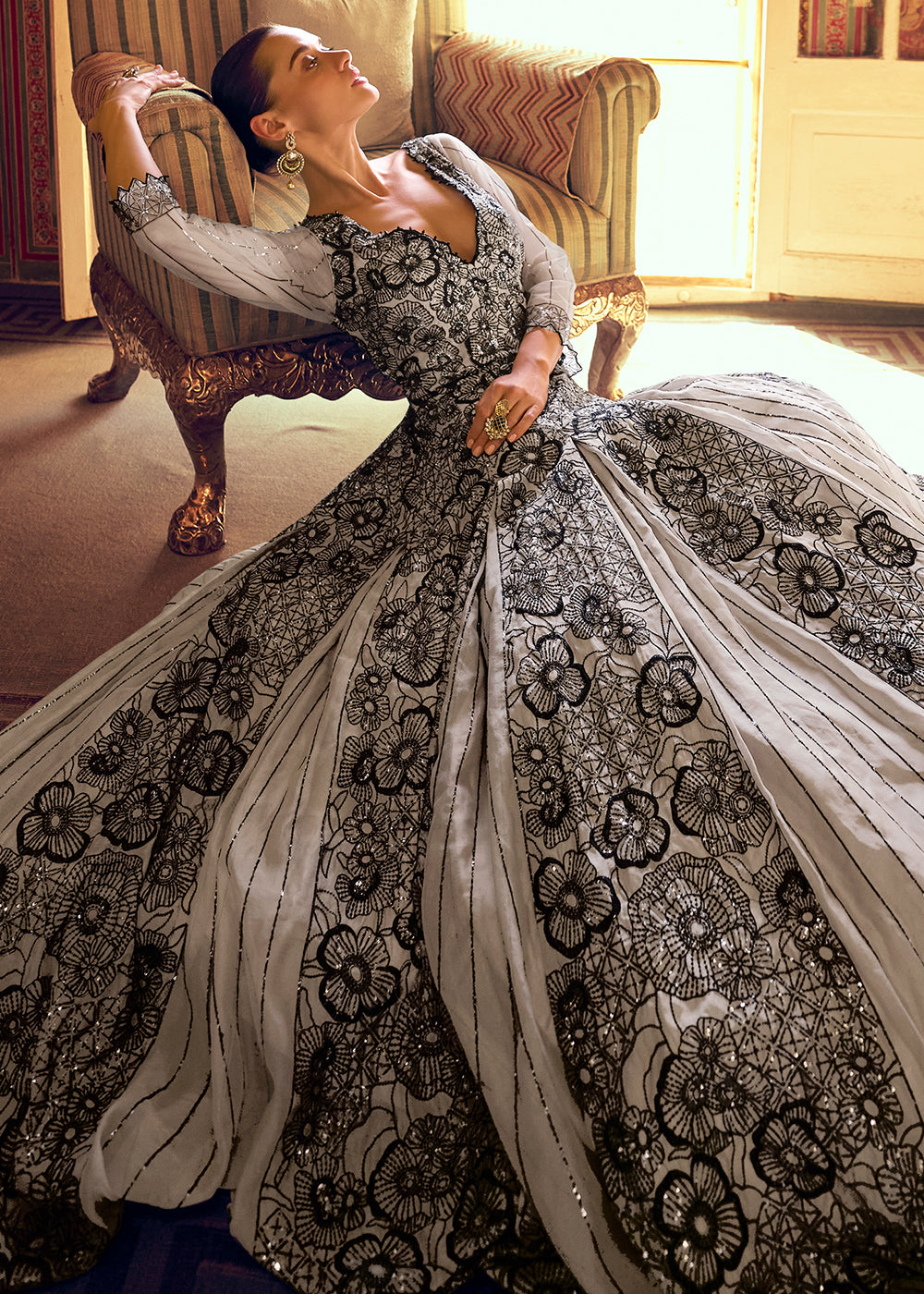 Grey & Black Georgette Anarkali Gown with Embroidery