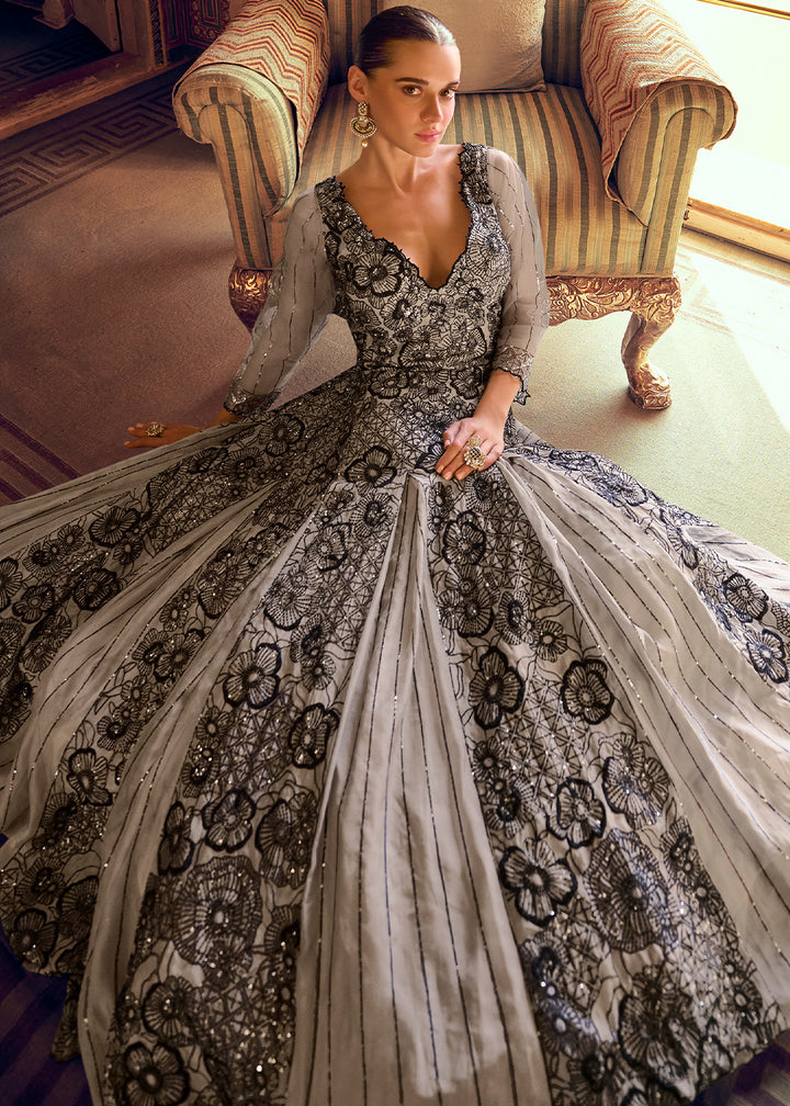 Grey & Black Georgette Anarkali Gown with Embroidery