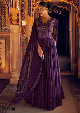 Indigo Purple Georgette Anarkali Gown with Embroidery