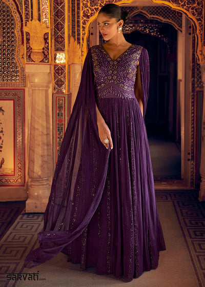 Indigo Purple Georgette Anarkali Gown with Embroidery