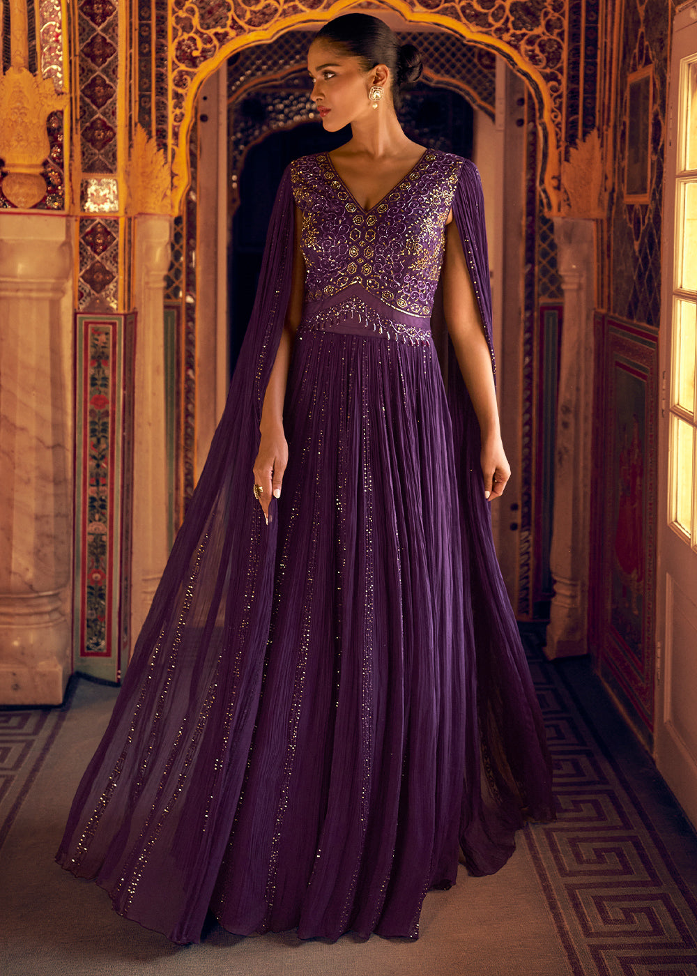 Indigo Purple Georgette Anarkali Gown with Embroidery