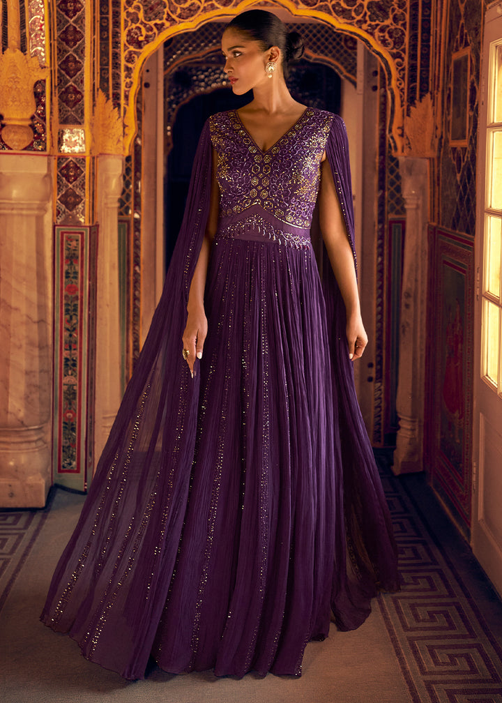 Indigo Purple Georgette Anarkali Gown with Embroidery
