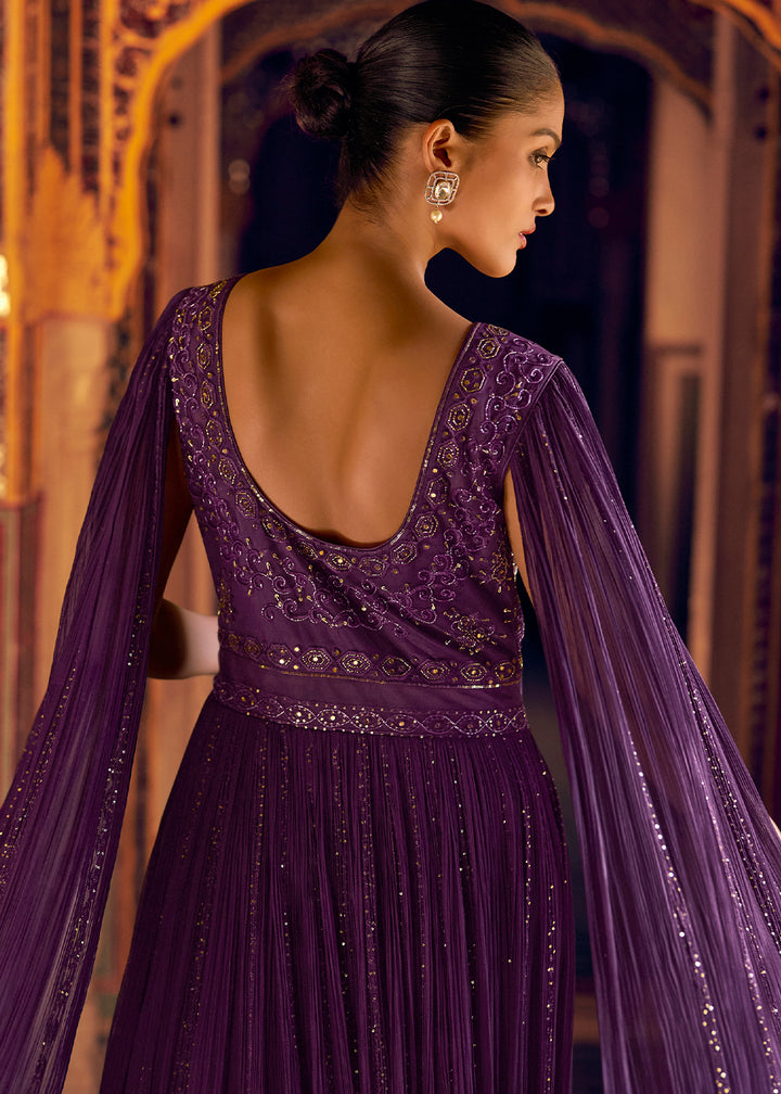 Indigo Purple Georgette Anarkali Gown with Embroidery
