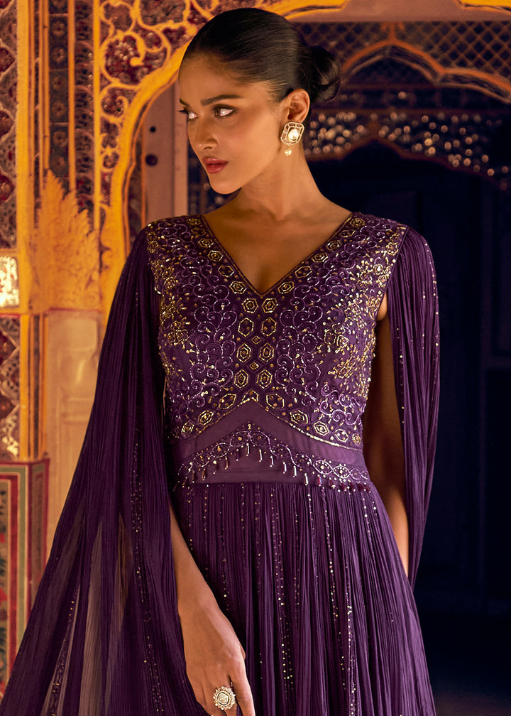 Indigo Purple Georgette Anarkali Gown with Embroidery