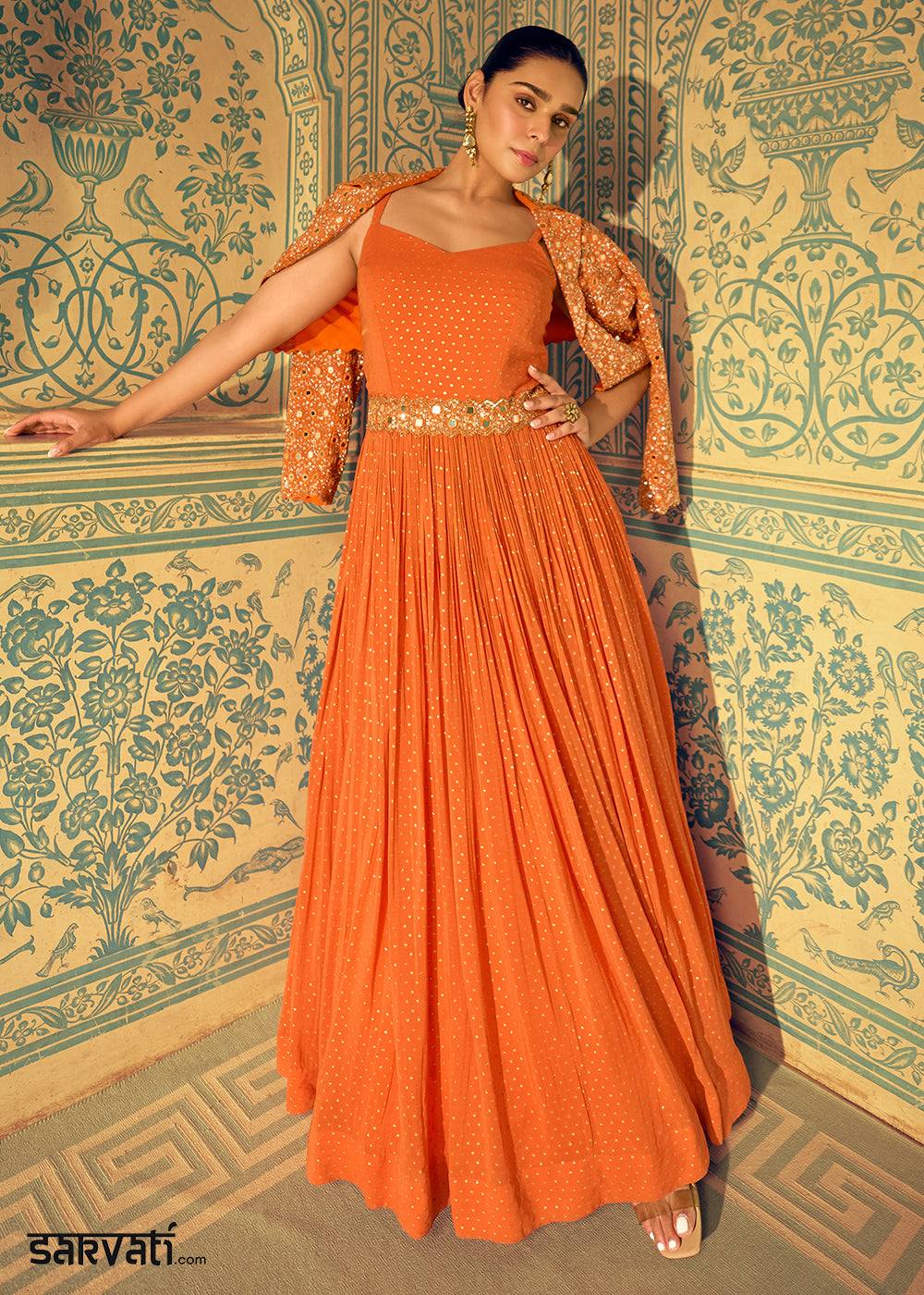 Neon Orange Georgette Anarkali Gown with Embroidery