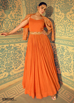 Neon Orange Georgette Anarkali Gown with Embroidery