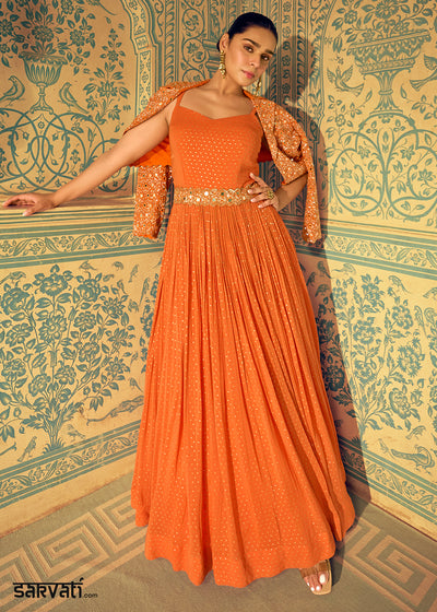 Neon Orange Georgette Anarkali Gown with Embroidery