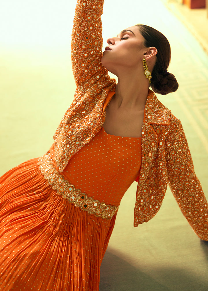 Neon Orange Georgette Anarkali Gown with Embroidery