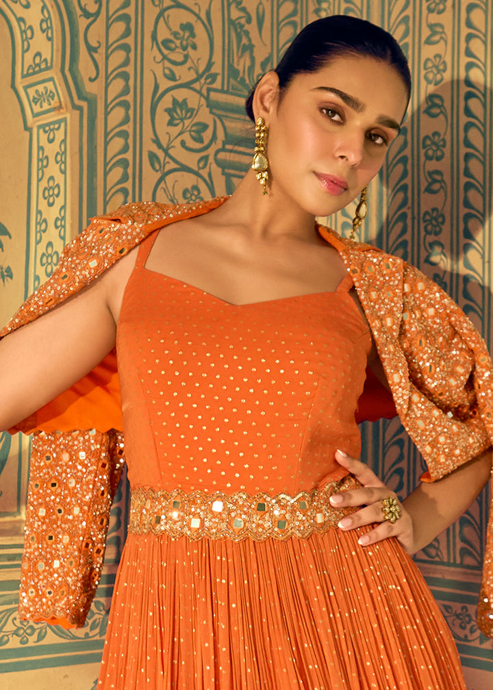 Neon Orange Georgette Anarkali Gown with Embroidery