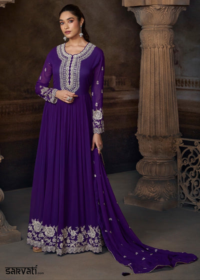 Midnight Purple Georgette Anarkali Gown with Front and Back Embroidery