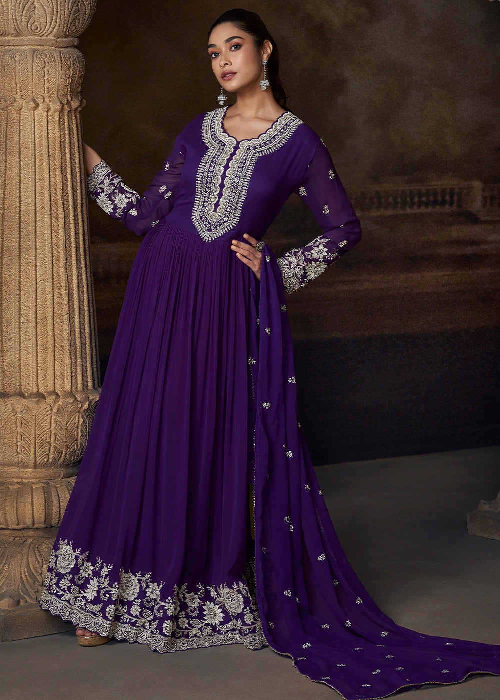 Midnight Purple Georgette Anarkali Gown with Front and Back Embroidery