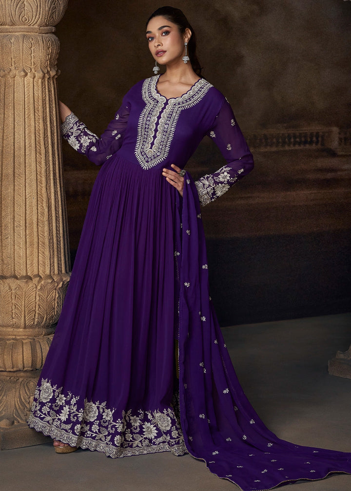 Midnight Purple Georgette Anarkali Gown with Front and Back Embroidery