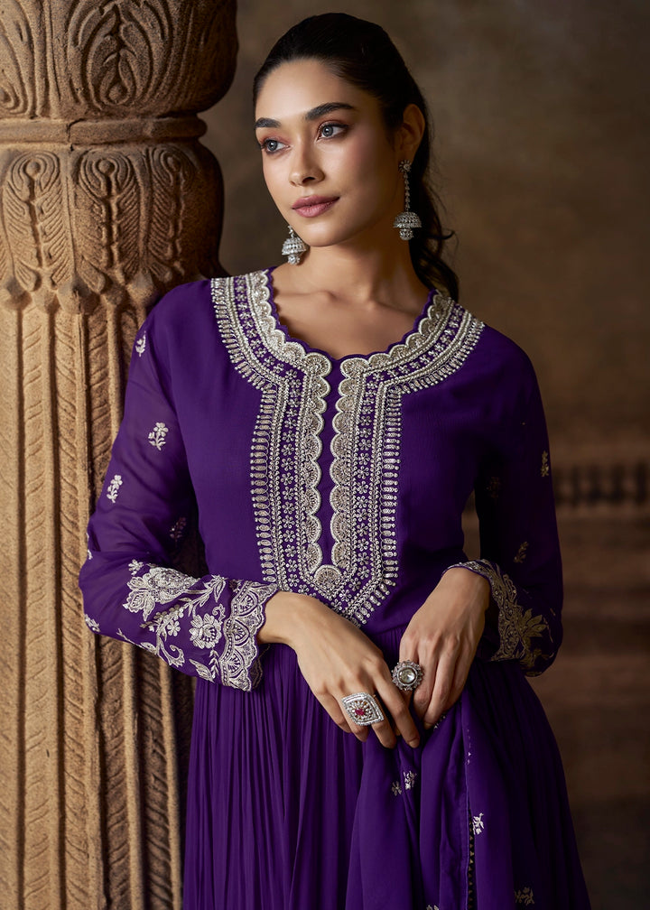 Midnight Purple Georgette Anarkali Gown with Front and Back Embroidery