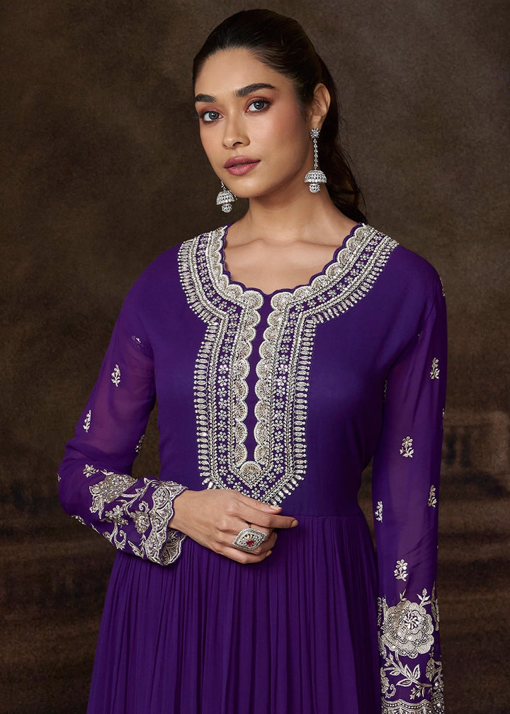 Midnight Purple Georgette Anarkali Gown with Front and Back Embroidery