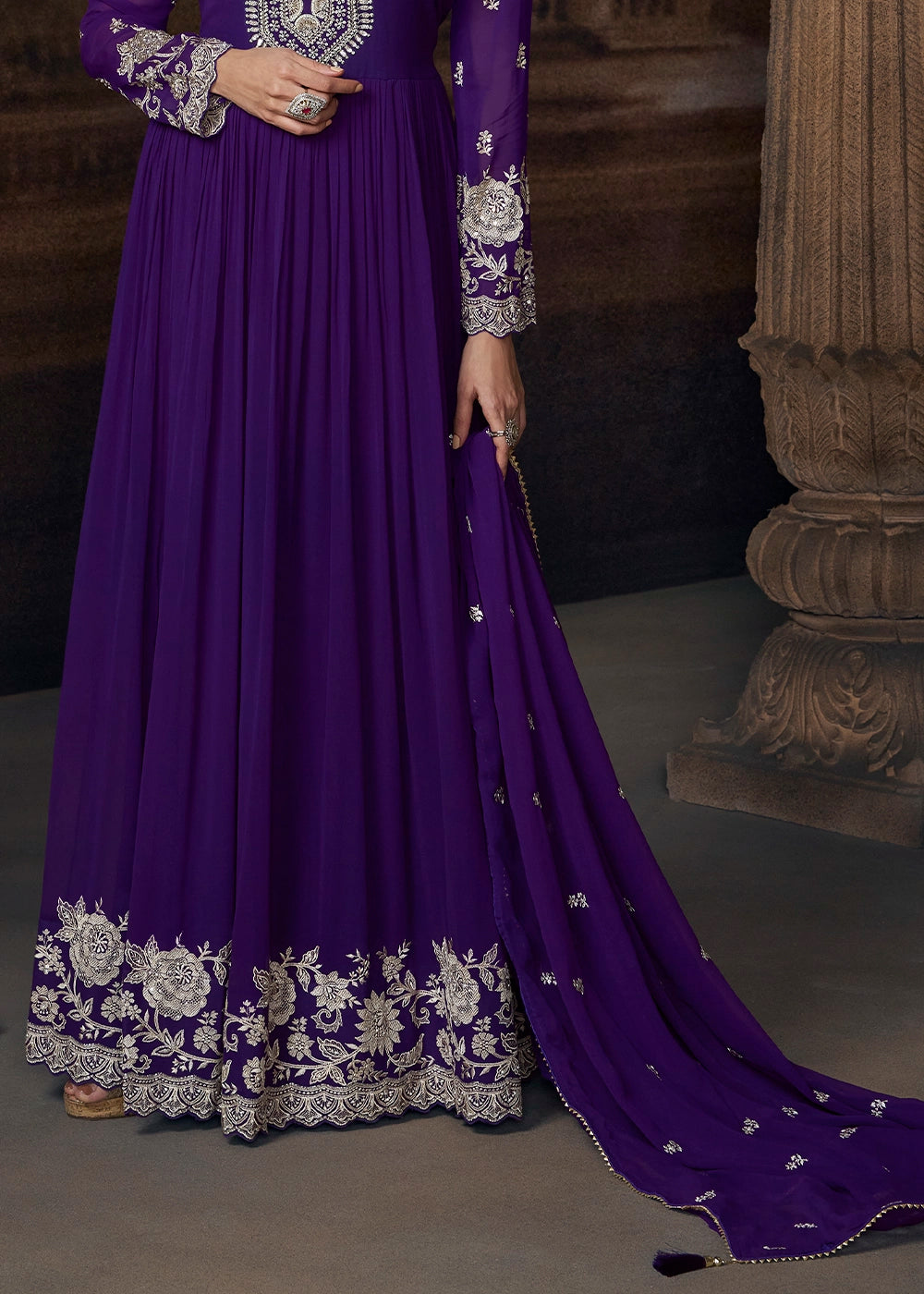 Midnight Purple Georgette Anarkali Gown with Front and Back Embroidery