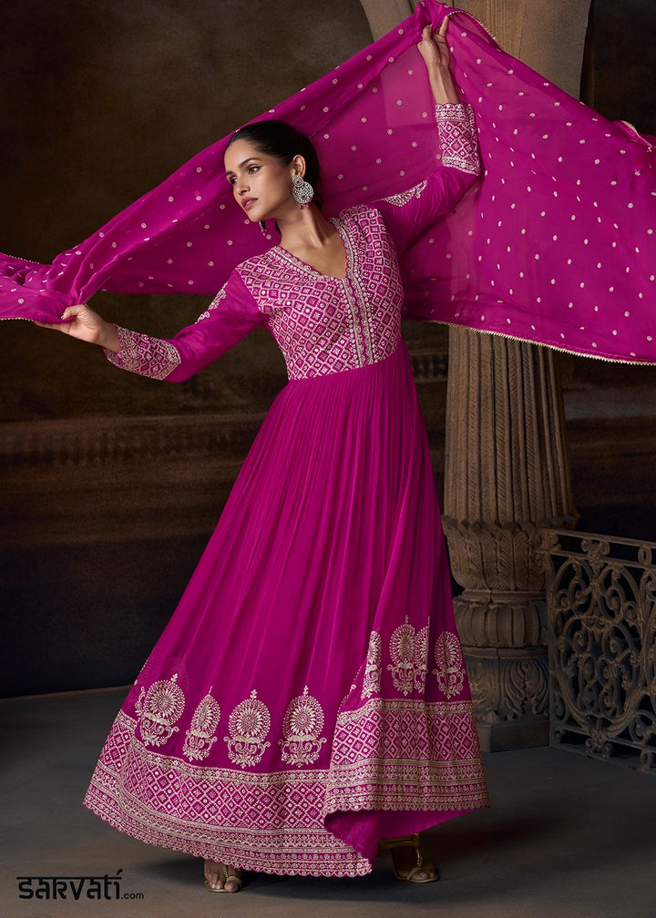 Magenta Pink Georgette Anarkali Gown with Front and Back Embroidery