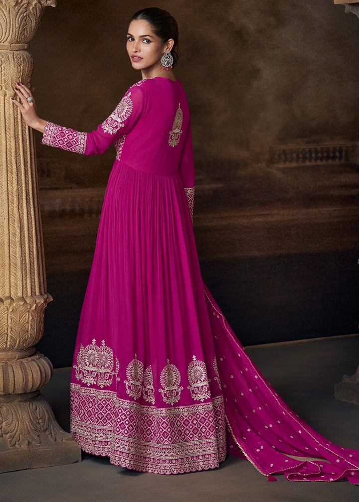 Magenta Pink Georgette Anarkali Gown with Front and Back Embroidery