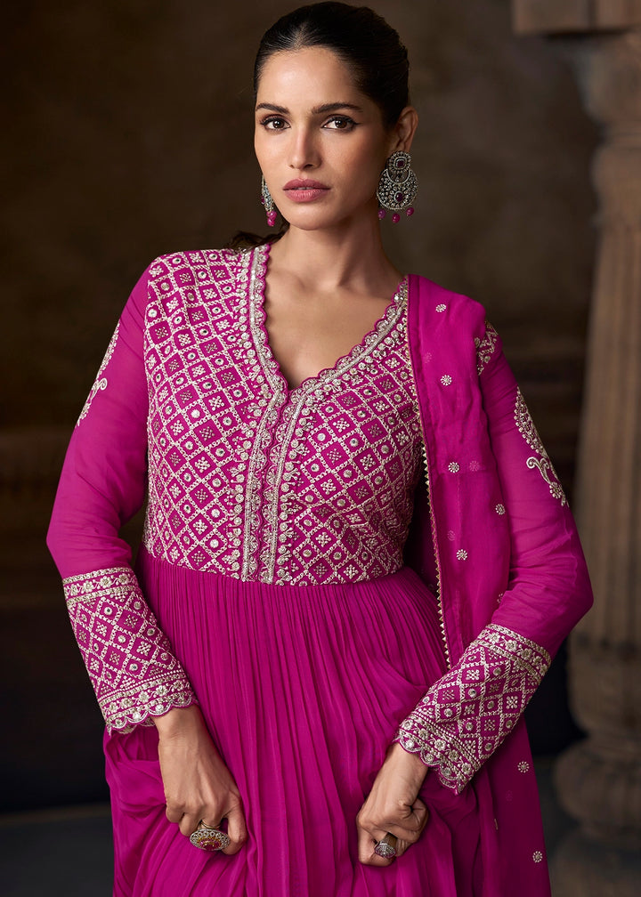 Magenta Pink Georgette Anarkali Gown with Front and Back Embroidery
