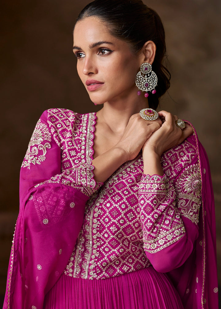 Magenta Pink Georgette Anarkali Gown with Front and Back Embroidery